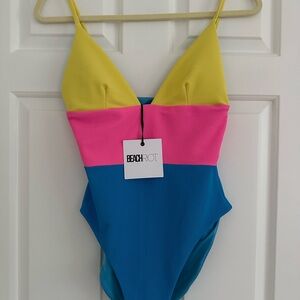 Beach Riot Wren Pink Yellow Blue Neon Fluo One Piece Swimsuit sz M NWT